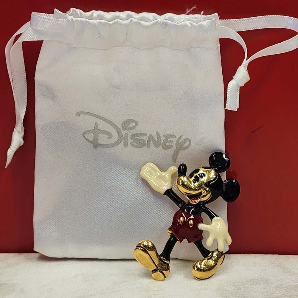 Disney Napier Gold-Tone Enamel Mickey Mouse Moving Hand Pin Brooch